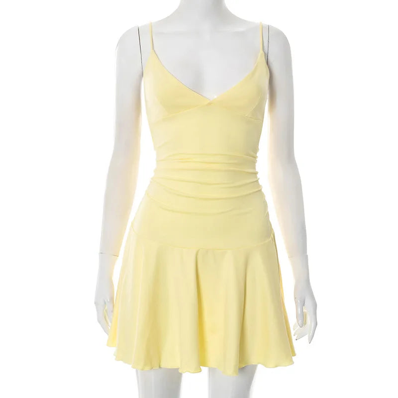 Talenza V-Neck Ruffle Halter Dress Summer New Sexy Sleeveless High Waist Party Pleated Dress Fashion Solid Party Women's Dresses