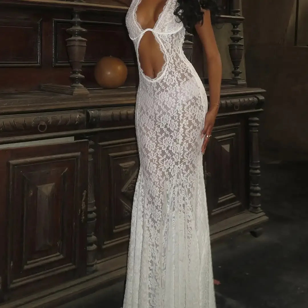 White Lace Hollow-out Halter Dress Women Chic Sexy Sleeveless Off-shoulder Backless Maxi Dresses Lady Vacation Beach 2026 Gowns