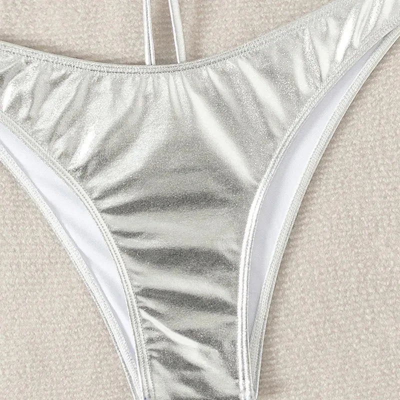 Silver Backless Swimwear Triangle Bikinis Sets Woman 2026 Sexy Swimsuit Summer High Leg Cut Bathing Suit Rhinestone Bikini Dames