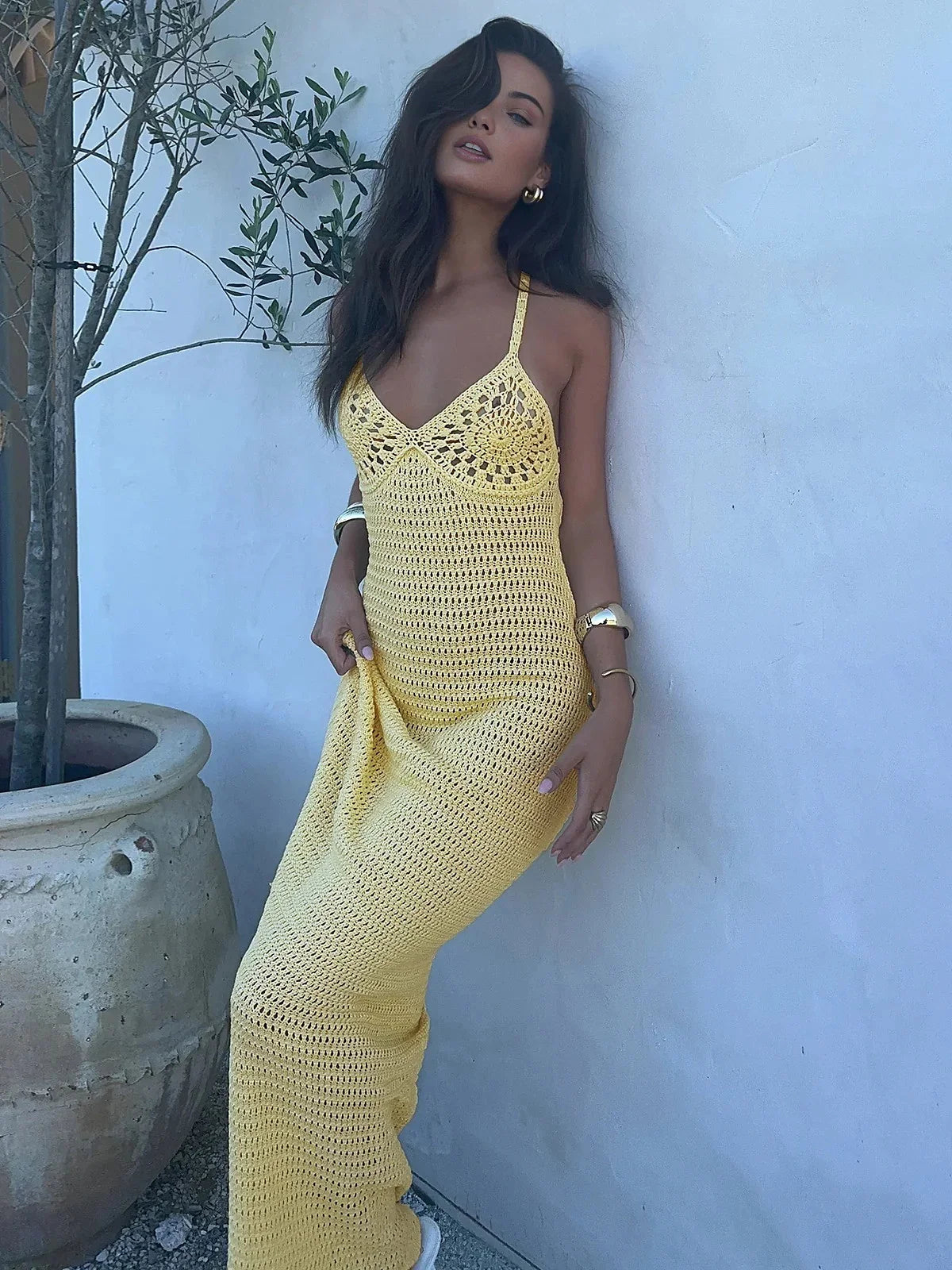 2026 Solid Colour Sexy Knit Cut Out Holiday Swimsuit Cover Up Women's Summer V-Neck Spaghetti Strap Bodycon Beach Maxi Dress K32