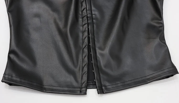 CNYISHE PU Leather Button Solid Short Sleeve Women Tops Sheath Fashion High Collar Blouse Fitness Female Sexy Club Tees Chic