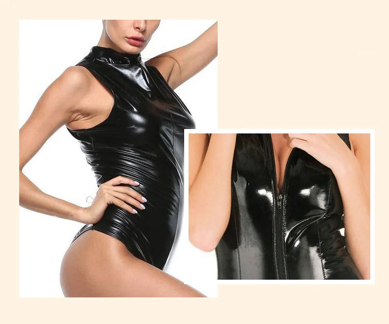 S-4XL Sleeveless High Collar Shiny Faux PU Leather Catsuit Two Way Zipper Open Crotch Bodysuit Tights Sexy Body Teddies Swimsuit