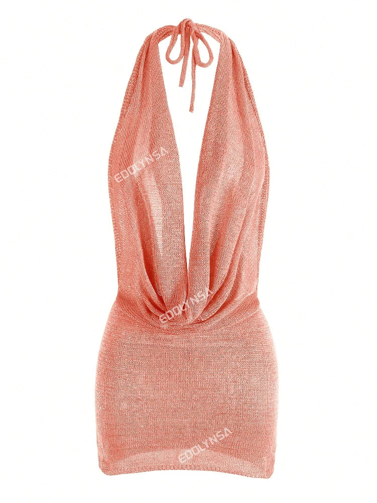 2026 Women's Chic Bright Knitted Dresses Sexy Stacked V Halter Neck Backless Knit Beach Mini Dress Summer Swimsuit Cover Up K145