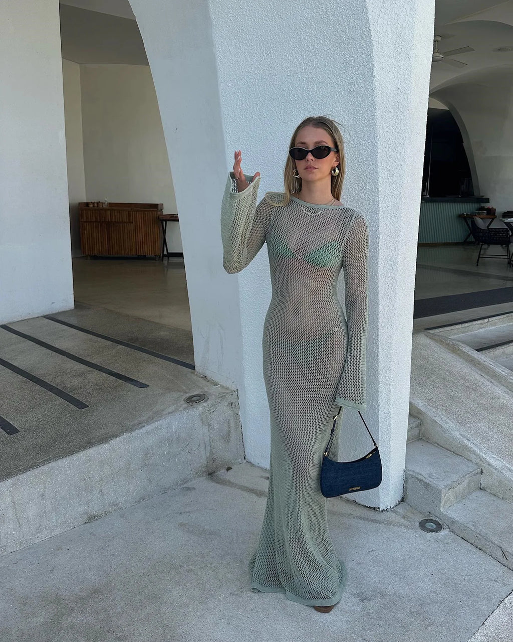 2026 Beach Cover Up Crochet Tunic Bikini Cover-ups Long Sleeve Sexy Hollow Out See Through Maxi Knit Dress Women Summer Outfits
