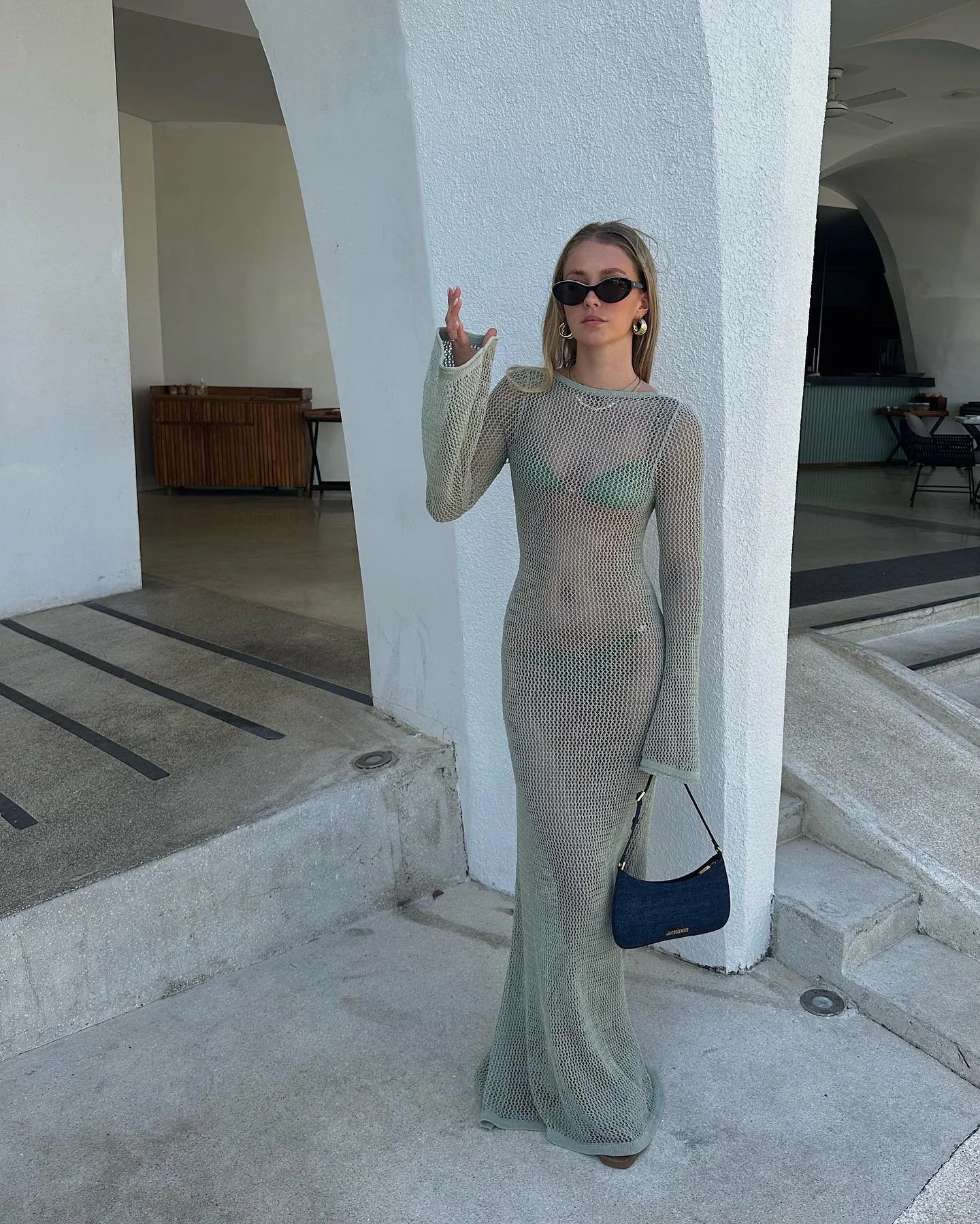 2026 Beach Cover Up Crochet Tunic Bikini Cover-ups Long Sleeve Sexy Hollow Out See Through Maxi Knit Dress Women Summer Outfits