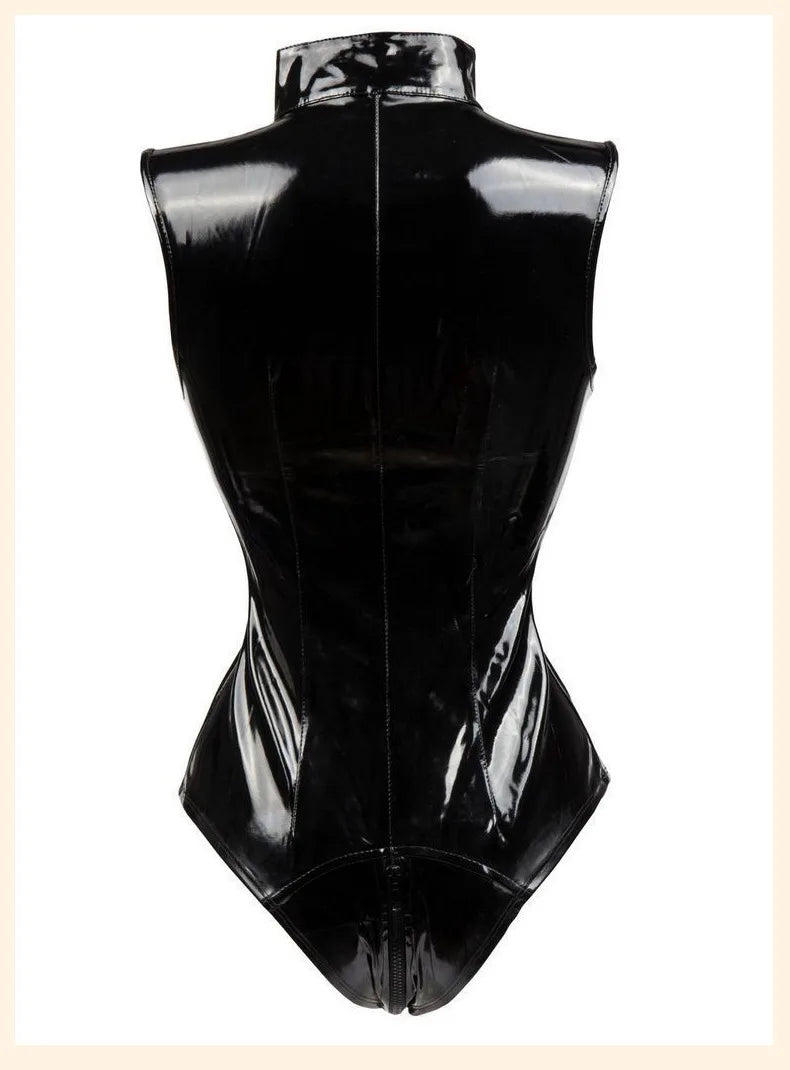 S-4XL Sleeveless High Collar Shiny Faux PU Leather Catsuit Two Way Zipper Open Crotch Bodysuit Tights Sexy Body Teddies Swimsuit