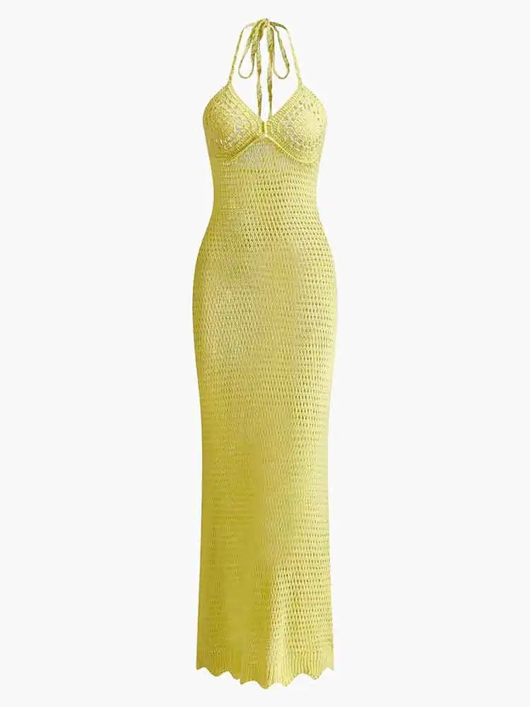 2026 Solid Colour Sexy Knit Cut Out Holiday Swimsuit Cover Up Women's Summer V-Neck Spaghetti Strap Bodycon Beach Maxi Dress K32