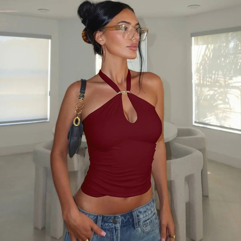 Hugcitar Women Fashion Halter Solid Loop Backless Bandage Sexy Crop Tank Top 2025 Summer Casual Clothes Streetwear Vacation Club