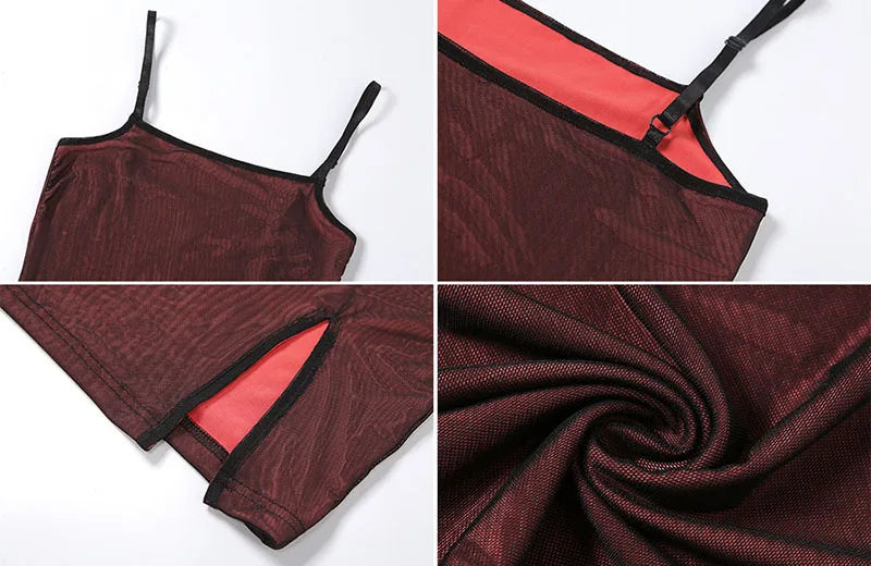 Sexy Wine Red Mesh Skinny Mini Dress Women Elegant Elastic Split Sleeveless Party Vestidos Clubwear Slim Sling Bodycon Dresses