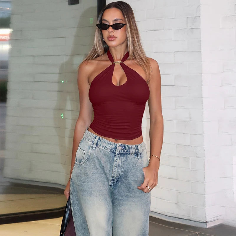 Hugcitar Women Fashion Halter Solid Loop Backless Bandage Sexy Crop Tank Top 2025 Summer Casual Clothes Streetwear Vacation Club