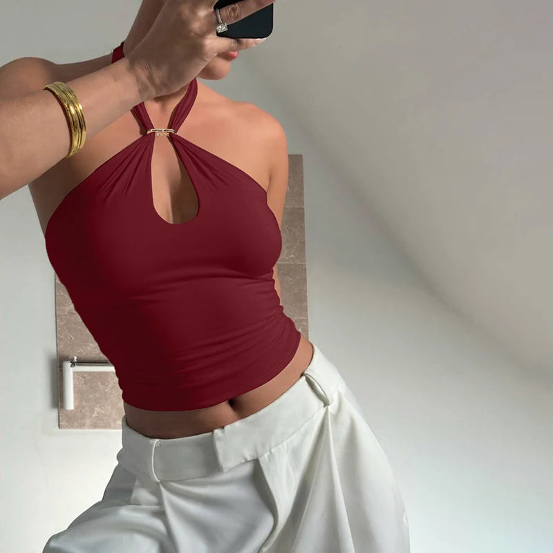 Hugcitar Women Fashion Halter Solid Loop Backless Bandage Sexy Crop Tank Top 2025 Summer Casual Clothes Streetwear Vacation Club