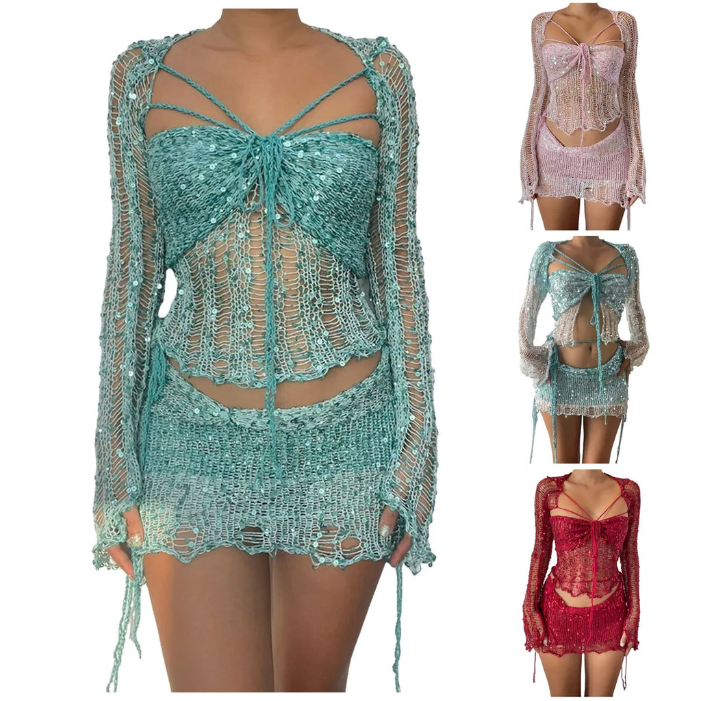 Crochet Knitted Dress 2 Piece Skirt Sets 2025 Women Clothes Sexy Crop Tops Nightclub Knit Sequin Dress 2 Piece Set Outfits