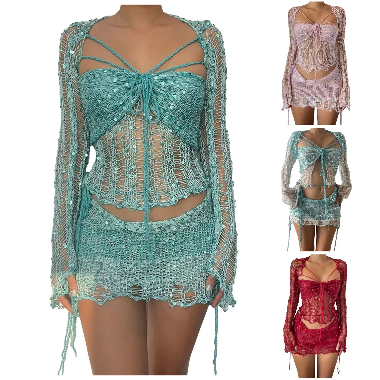 Crochet Knitted Dress 2 Piece Skirt Sets 2025 Women Clothes Sexy Crop Tops Nightclub Knit Sequin Dress 2 Piece Set Outfits