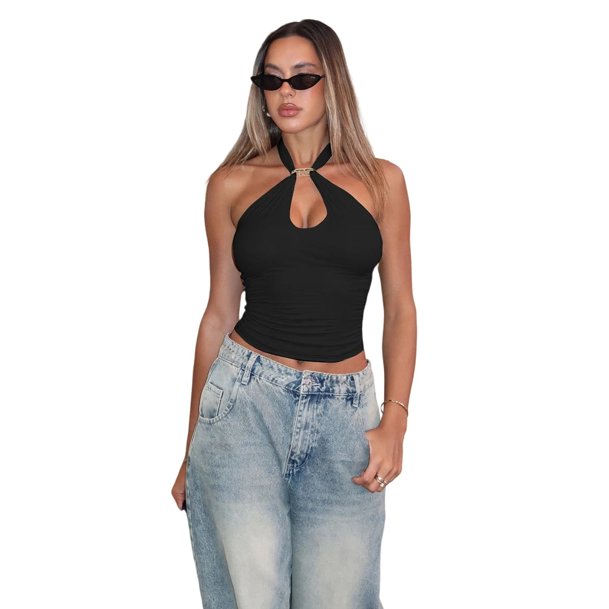 Hugcitar Women Fashion Halter Solid Loop Backless Bandage Sexy Crop Tank Top 2025 Summer Casual Clothes Streetwear Vacation Club