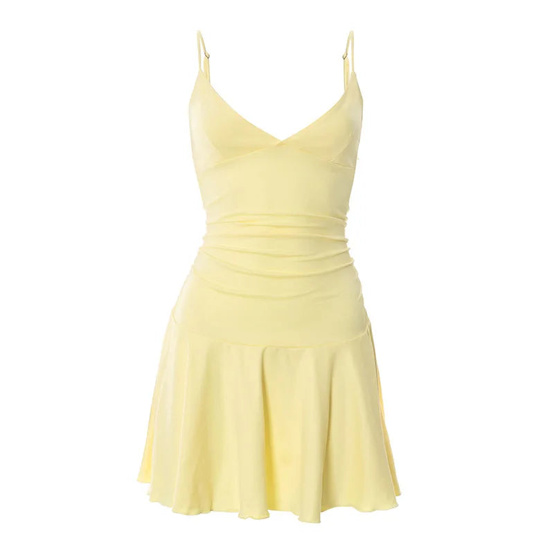 Talenza V-Neck Ruffle Halter Dress Summer New Sexy Sleeveless High Waist Party Pleated Dress Fashion Solid Party Women's Dresses