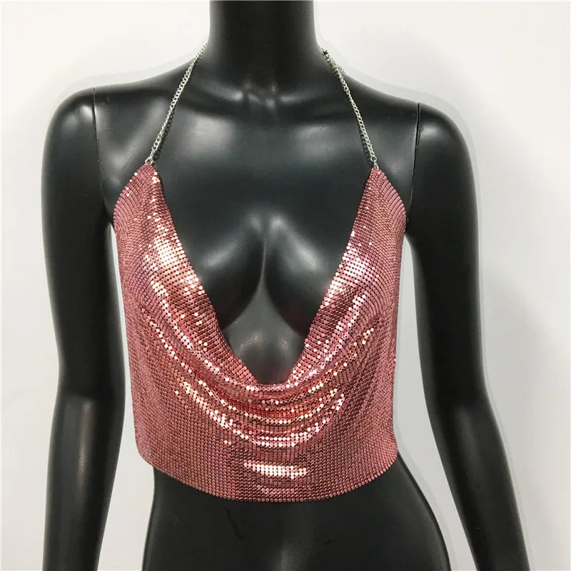 AKYZO Women 2025 Sexy Metal Sequined Tank Camis Summer Gold Silver Backless Cropped Glitter Beach Club Show Wear Tank Tops