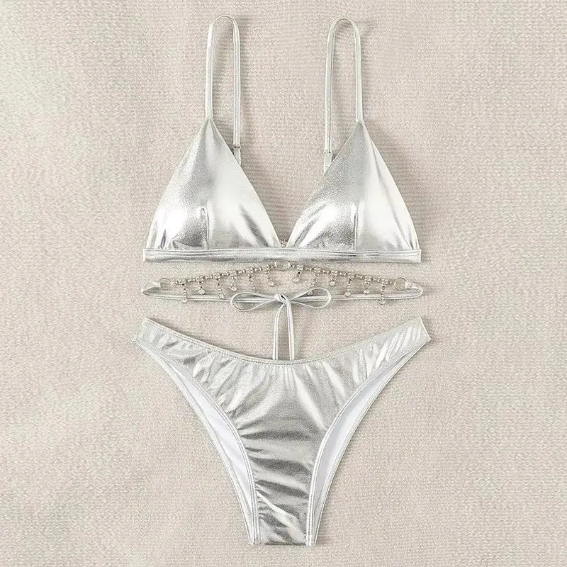 Silver Backless Swimwear Triangle Bikinis Sets Woman 2026 Sexy Swimsuit Summer High Leg Cut Bathing Suit Rhinestone Bikini Dames