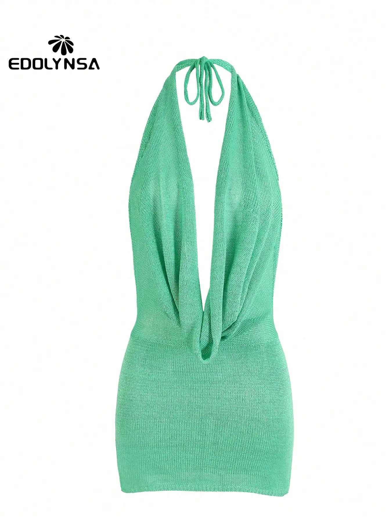 2026 Women's Chic Bright Knitted Dresses Sexy Stacked V Halter Neck Backless Knit Beach Mini Dress Summer Swimsuit Cover Up K145