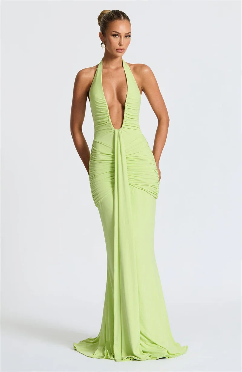 Mozision Deep V Neck Draped Ruched Sexy Maxi Dress Women Summer Fashion Halter Sleeveless Backless Club Party Long Dress Elegant
