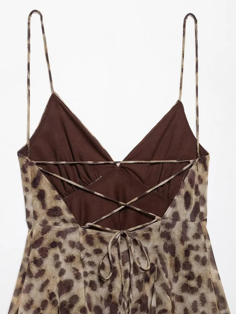 MUJER 2025 Tulle Mini Dress Woman Leopard Print Slip Dress Women Sexy Backless Short Dresses for Women Draped Party Dresses